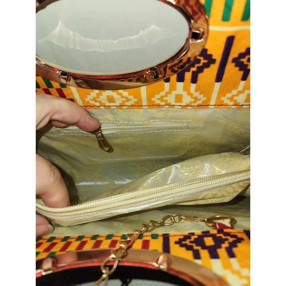 Kente Print Handbag Yellow Geometric Gold Metal Handle Crossbody Chain Strap